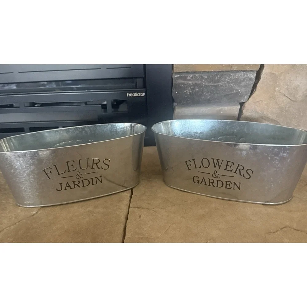 Primary: Fleurs & Jardin Galvanized Planters Set of 2 Rustic Metal Planters New